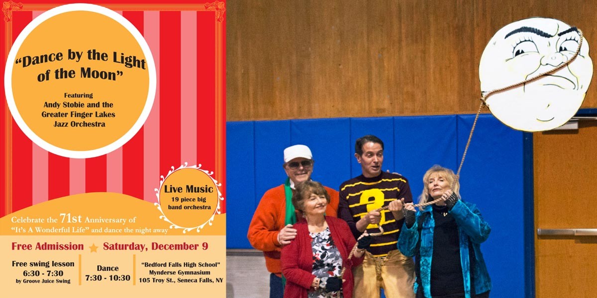 (Left to right) Jimmy Hawkins (Tommy Bailey), Carol Coombs (Janie Bailey), actor Brian Rohan and Karolyn Grimes (Zuzu Bailey) at the Dance by the Light of the Moon in 2016.  Click on poster at left for this year's Dance flyer.  See Festival Schedule of Appearances for additional information.