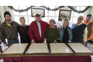 Thanks to Ed Thurston (far right) and Ed Van Fleet (far left) from Thurston Services who provided the cement and beautiful display cases and to Lou Ferrara (second from right) for organizing this lasting tribute to the four actors from "It's a Wonderful Life."  Photo by Henry Law