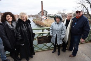 "Every time a bell rings . . . ":  (Left to right)  Monica Capra Hodges (Frank Capra's granddaughter), Karolyn Grimes (Zuzu Bailey), Carol Coombs (Janie Bailey), Jeanine Roose (Young Violet Bick) and Jimmy Hawkins (Tommy Bailey) attach bells to the bridge in honor of their loved ones. Photo by Henry Law