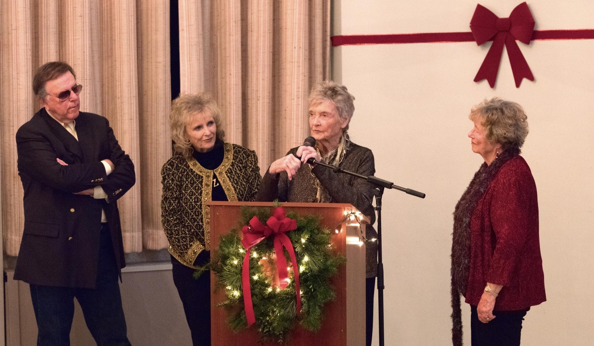 Jeanine Roose (Young Violet Bick) with Karolyn Grimes (Zuzu Bailey), Carol Coombs (Janie Bailey) and Jimmy Hawkins (Tommy Bailey) at "Frank Capra's Preview Dinner" on Friday night.  Photo by Henry Law