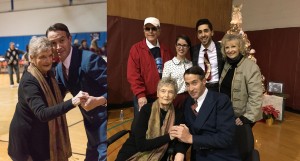 "I finally got to dance with George Bailey" -- Jeanine Roose (Young Violet) --  shown with Brian Rohan as George Bailey; Dance Instructors Doriel and Jasmine from Groove Juice Swing (Rochester) pose for a photo with Karolyn Grimes, Jimmy Hawkins, Jeanine Roose and Brian Rohan.  Photo by Henry Law 