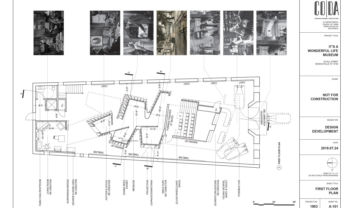 Design concept by Caroline O'Donnell Architecture includes re-creation of sets from "It's a Wonderful Life."  First floor plan. You will have the opportunity to place a bell in the Museum or stars and planets in our theater for someone who has impacted your life.